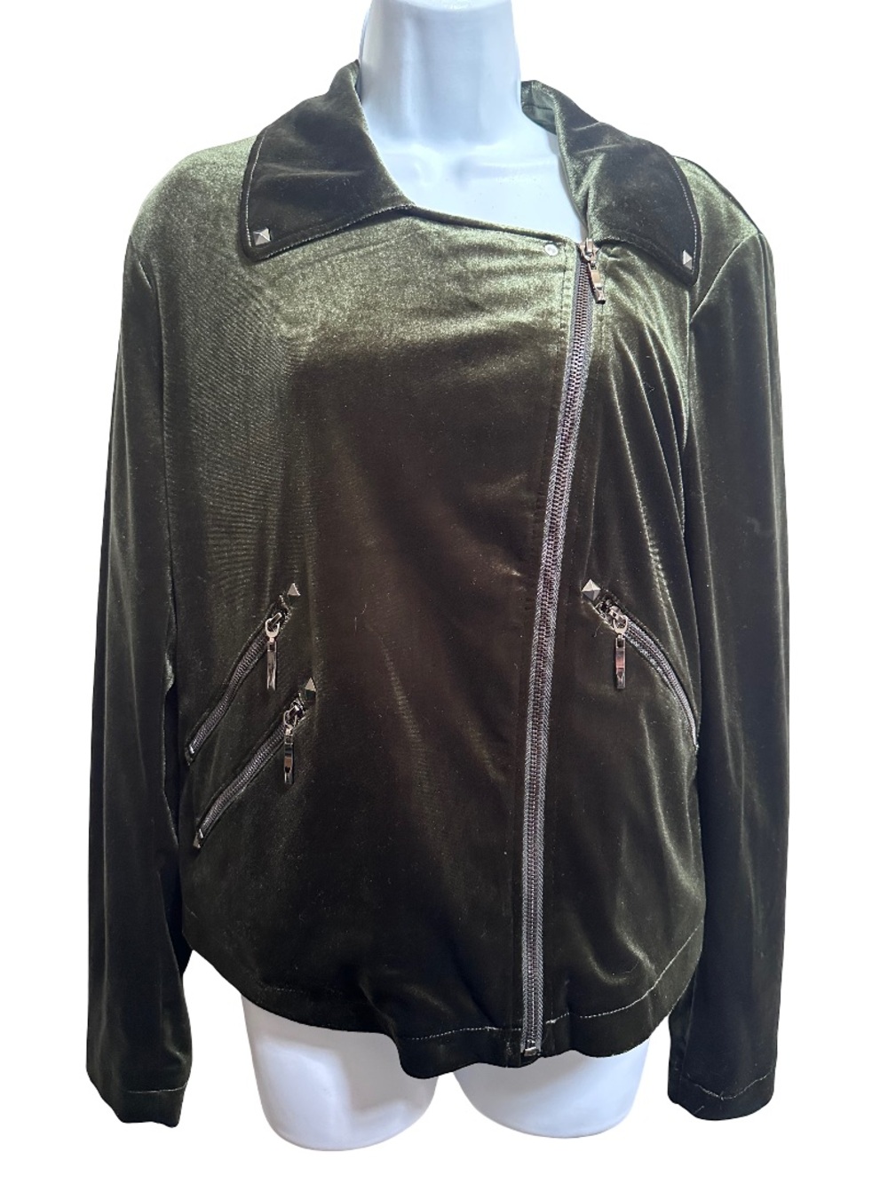 Badgley Mischka Dark Olive Green Velvet Moto Jacket - Picture 3 of 7
